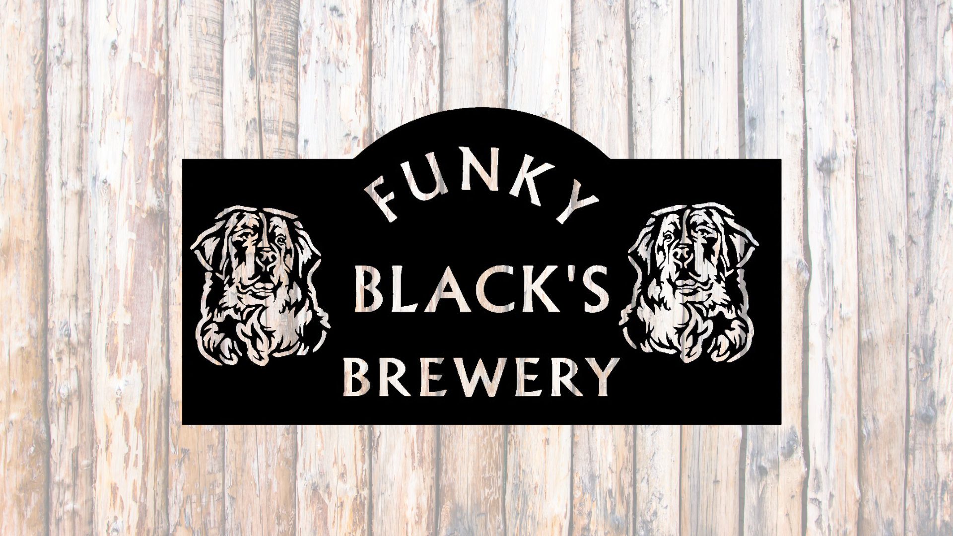 A black rectangular sign with the text "Funky Black's Brewery" in white. The sign features illustrations of two dogs, one on each side of the text. The background is a wooden texture.