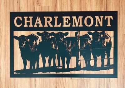 A wooden floor featuring a sign that reads "Charlemount," showcasing rustic charm and inviting ambiance.