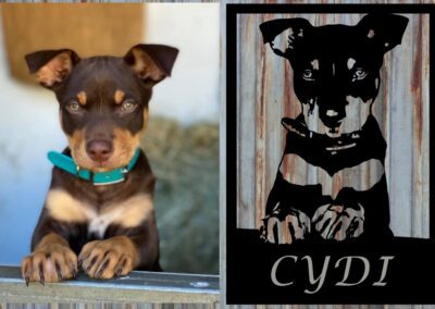 Custom wooden sign featuring Cydi the dog, showcasing a personalized touch for pet lovers.