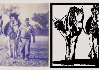 Two images of horses: one is black and white, and the other is also black and white, showcasing their distinct patterns.