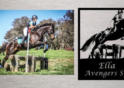 A horse leaps over a fence beside a sign reading "Ella Avenger Star," capturing a moment of athletic grace and excitement.