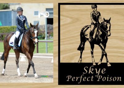 A person riding on horse beside a sign reading "Skye Perfect Poison," capturing a serene moment in nature.