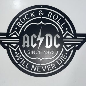 Logo of AC/DC with the text "Rock & Roll Will Never Die" and "Since 1973" on a circular badge.