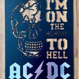 Metallic skull cutout with "I'M ON THE HIGHWAY TO HELL AC/DC" text on a blue background.