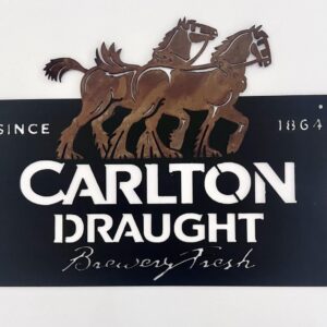 Metallic sign for Carlton Draught beer featuring horses and brand name since 1864.