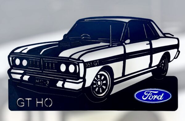 Illustrative artwork of a Ford GT HO car with brand logo displayed below.