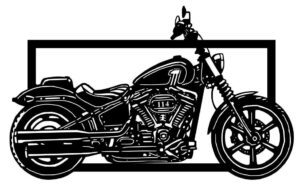 Black and white silhouette of a classic motorcycle within a frame.