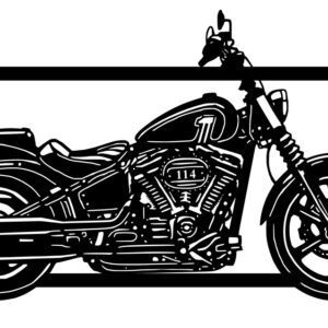 Black and white silhouette of a classic motorcycle within a frame.