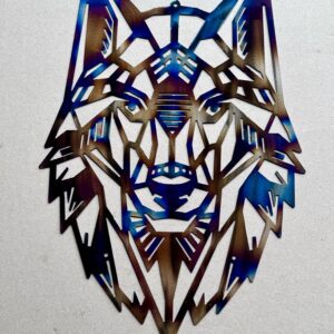 A colorful metallic wolf-shaped cut-out on a light background.