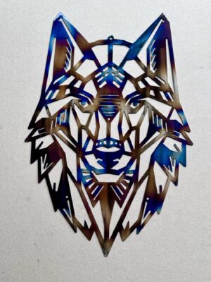 A colorful metallic wolf-shaped cut-out on a light background.