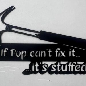 Black silhouette of pliers with text "If Pop can't fix it... it's stuffed" on a white background.