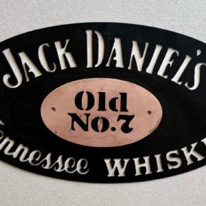 Oval-shaped Jack Daniel's logo sign with "Old No.7 Tennessee Whiskey" text.