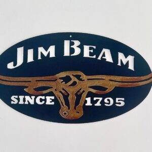 A decorative sign with "Jim Beam Since 1795" and a longhorn skull silhouette.