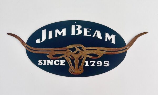 A decorative sign with "Jim Beam Since 1795" and a longhorn skull silhouette.