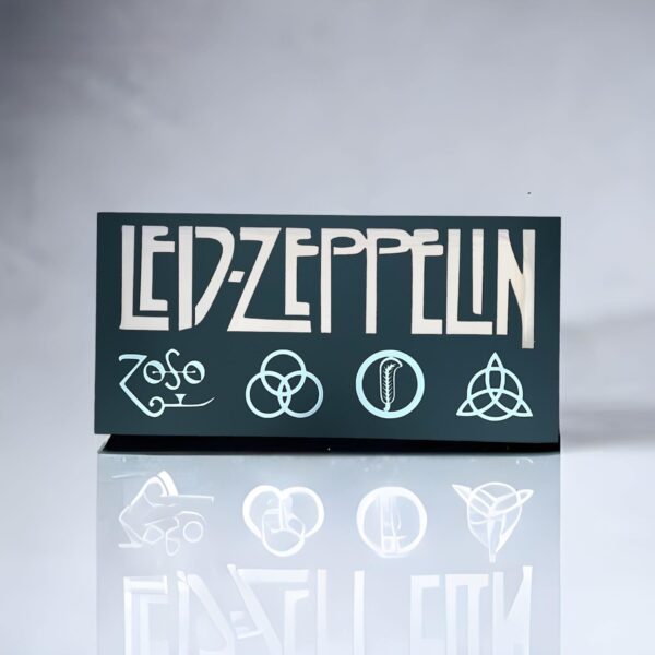 Dark plaque with "Led Zeppelin" text and four symbols, reflected on a glass surface.