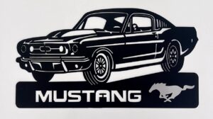 Black silhouette of a classic Mustang car with the "MUSTANG" logo and horse emblem.