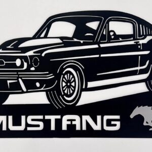 Black silhouette of a classic Mustang car with the "MUSTANG" logo and horse emblem.