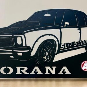 Black silhouette of a classic car with "TORANA" text beneath on a stand.