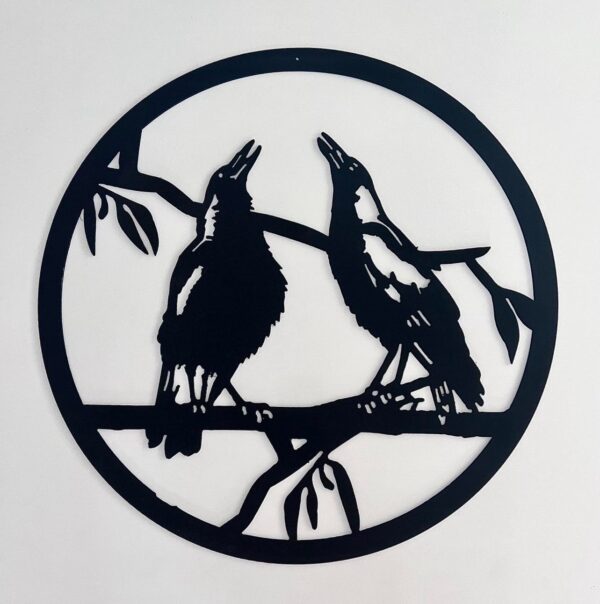 Black silhouette of two crows facing each other on a branch within a circular frame.