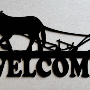 Silhouette of a farmer with a horse and plow above the word "WELCOME".