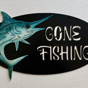 Oval "Gone Fishing" sign with a blue marlin silhouette.