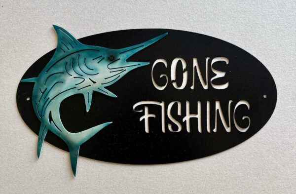 Oval "Gone Fishing" sign with a blue marlin silhouette.