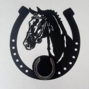 Black silhouette of a horse's head within a horseshoe on a white background.