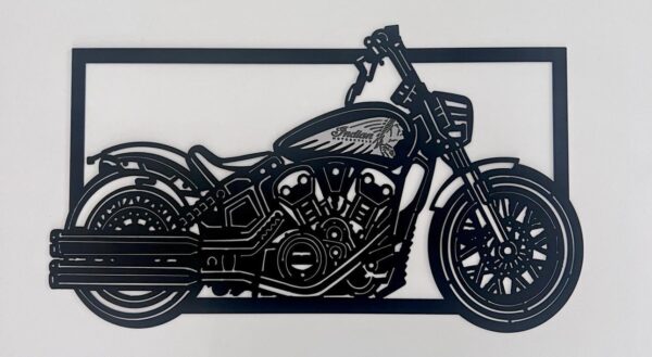 Black metal silhouette of a motorcycle on a white background.