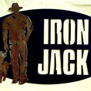 Oval sign with silhouette of a man and dog beside "IRON JACK" in bold letters.