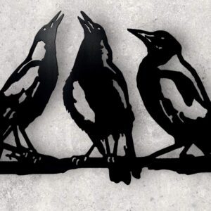 Three silhouetted crows perched on a branch, with textured black and grey background.