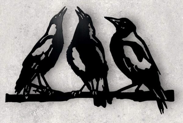 Three silhouetted crows perched on a branch, with textured black and grey background.