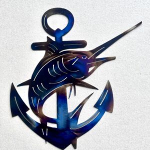 Metal art of a marlin and anchor with an iridescent finish on a white background.