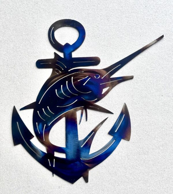 Metal art of a marlin and anchor with an iridescent finish on a white background.