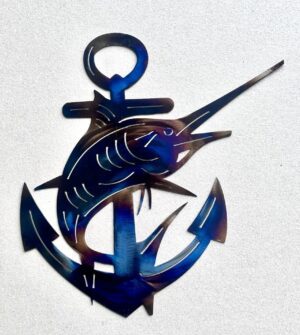 Metal marlin and anchor sculpture with iridescent blue tones on a white background.