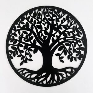 Black metal tree silhouette wall art against a white background.