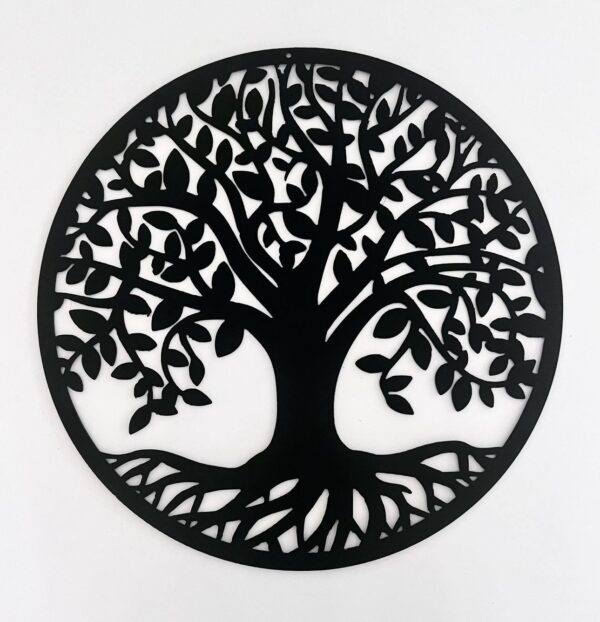 Black metal tree silhouette wall art against a white background.